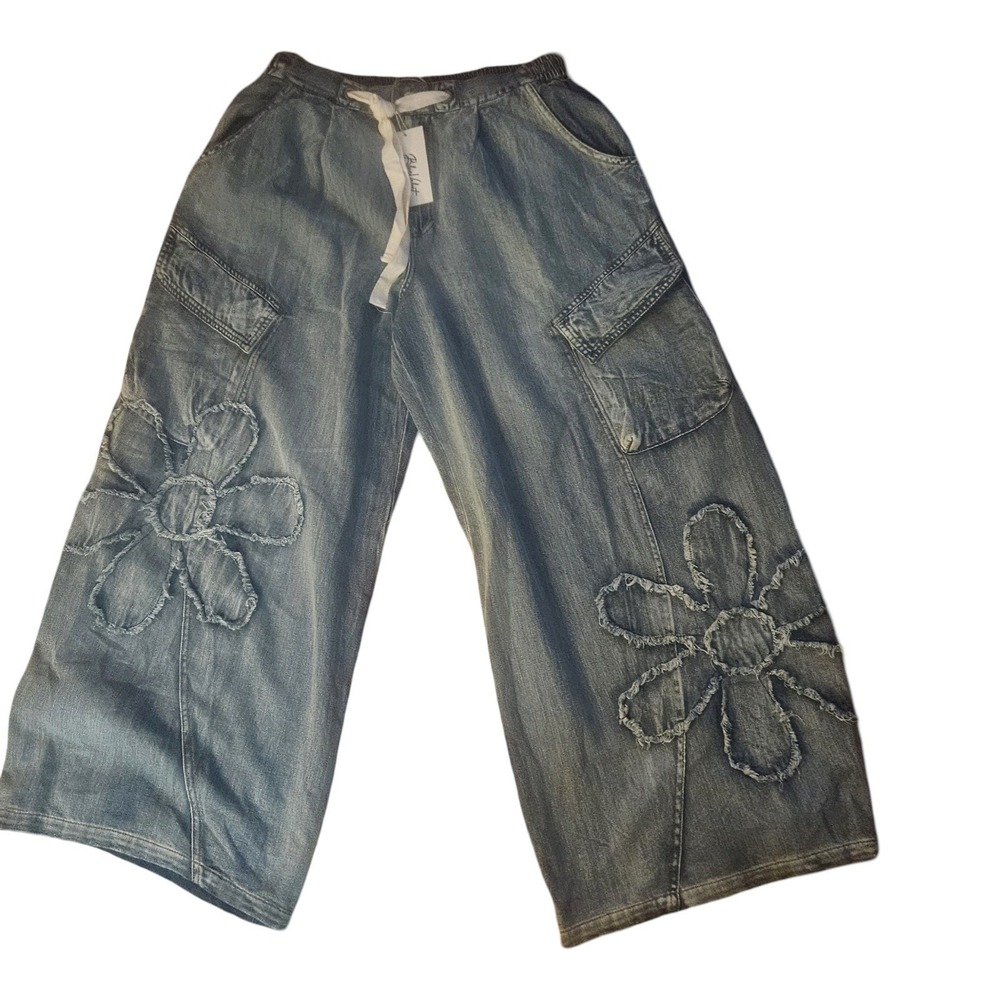 BlueVelvet Boho Flower Patchwork Cargo Wide Leg Baggy Denim Pants NWT - Picture 2 of 8